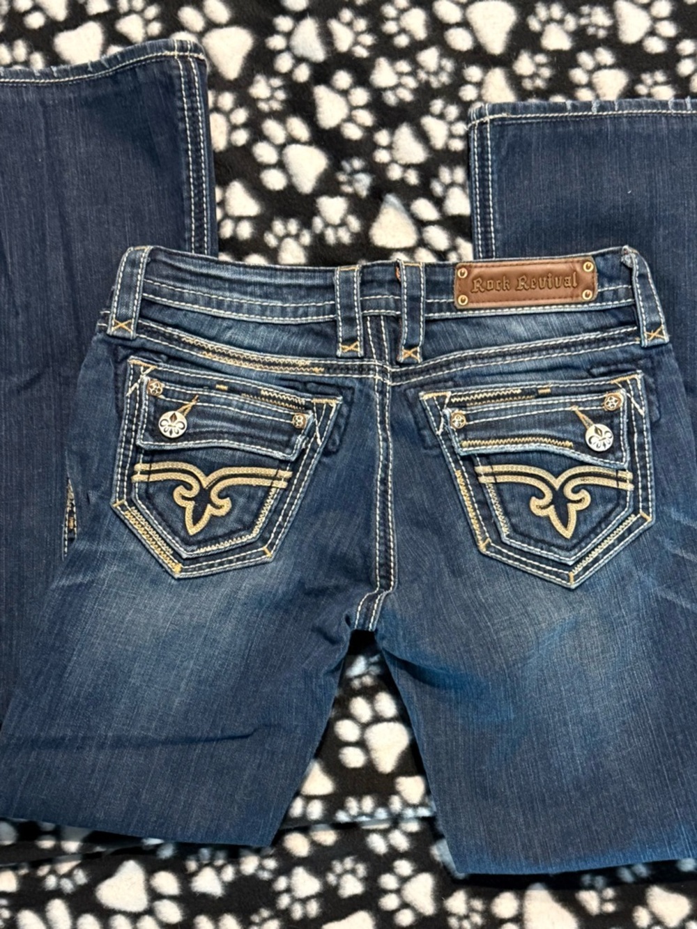 Rock Revival Jewel Bootcut Jeans Dark Wash Thick Stitch Flap Pocket Size 28